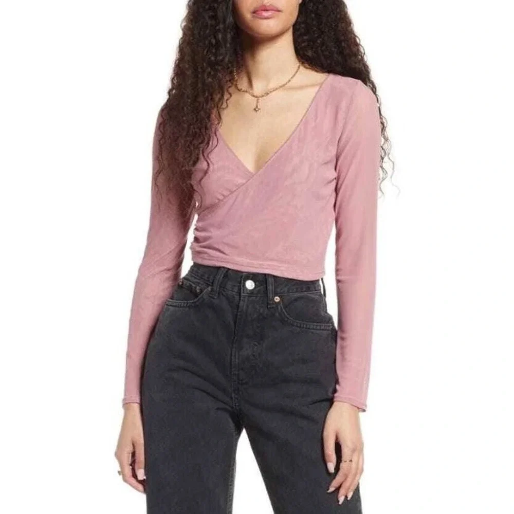 BP. Women's Long Sleeve V-Neck Faux Wrap Mesh Crop Top in Pink Nostalgia Small